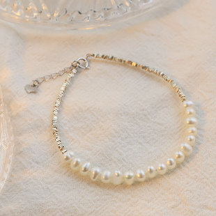 GLSEEVO原创天然淡水珍珠s925纯银手链不对称碎银子小众手镯手饰