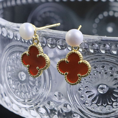 glseevo天然珍珠红色四叶草耳环s925轻奢感手工设计耳钉耳饰