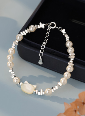 足银s999猫头碎银珍珠手链清新甜美韩风复古感精美手饰