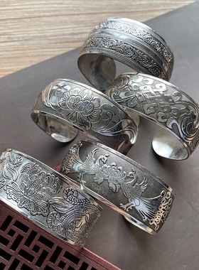 复古民族风纹银手镯欧美雕花开口宽手环时尚个性苗银做旧藏银手饰