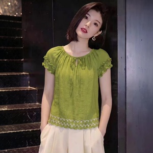 2026法式甜美风衬衫木耳边短袖上衣百搭显摆显瘦绿色遮肉气质小衫