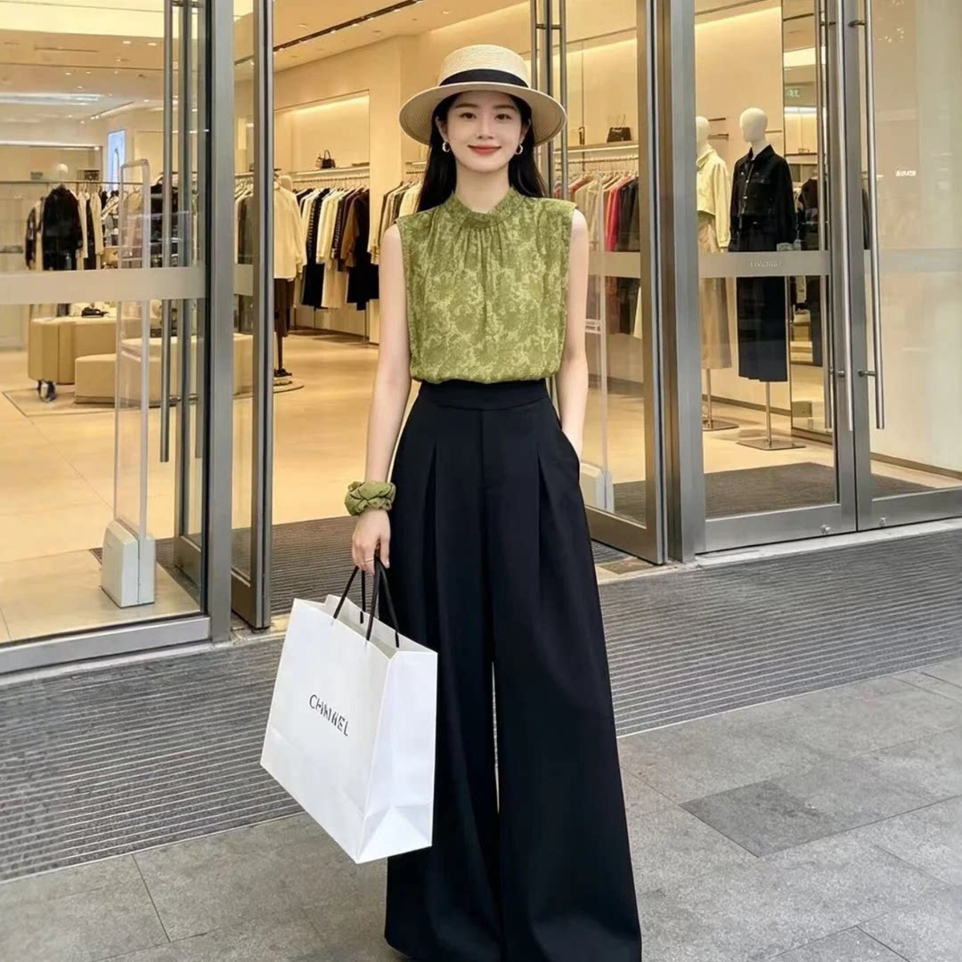 法式时尚套装夏季新款无袖上衣高腰阔腿裤两件套显瘦减龄通勤女装图片