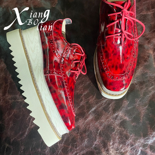 XIANGBOLIAN 意大利牛漆皮手工休闲增高厚底单鞋布洛克坡跟松糕鞋