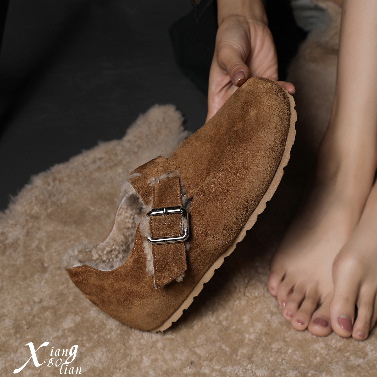 XIANGBOLIAN冬季羊羔毛内增高勃肯鞋女柔软厚底一脚蹬保暖毛毛鞋,女鞋,毛毛鞋,淘宝优惠券,粉丝福利购,淘宝优惠卷