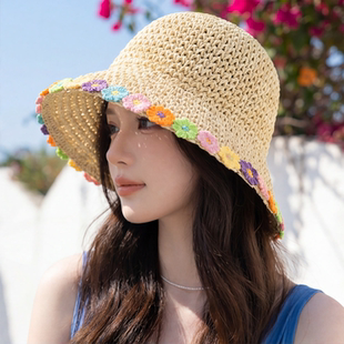 夏季度假风花朵装饰草帽女防晒遮阳帽大檐帽出游沙滩旅游拍照女帽