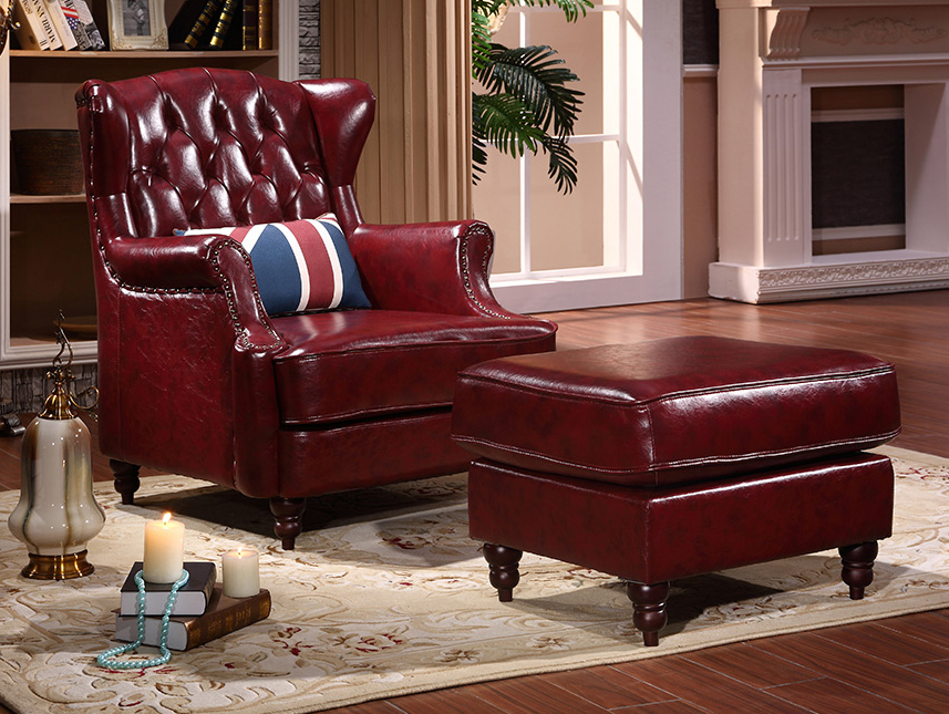 美式拉扣皮艺咖啡厅ktv工作室休闲老虎椅客厅真皮酒红色单人沙发