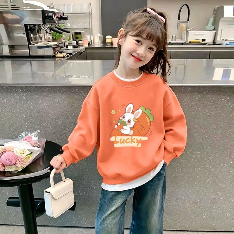 女童春秋100%棉假两件落肩卫衣