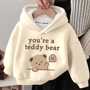 男童加绒卫衣儿童装银狐绒套头连帽衫中小童一体绒休闲卡通上衣