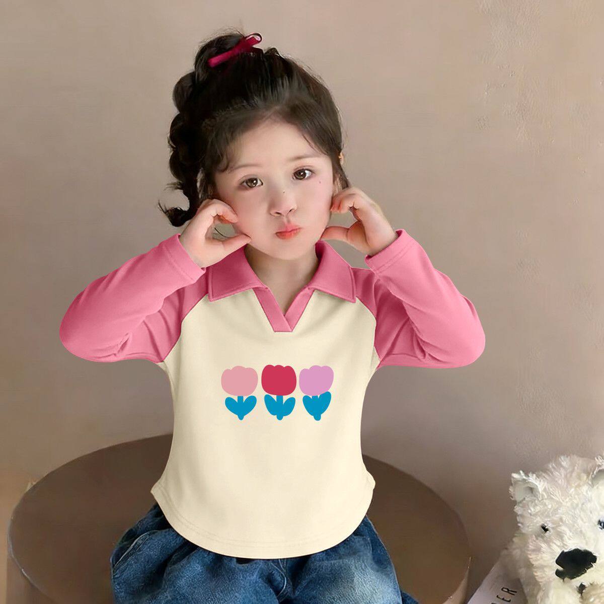 2026新款女童纯棉长袖T恤春秋款插肩袖中大童洋气polo衫翻领上衣