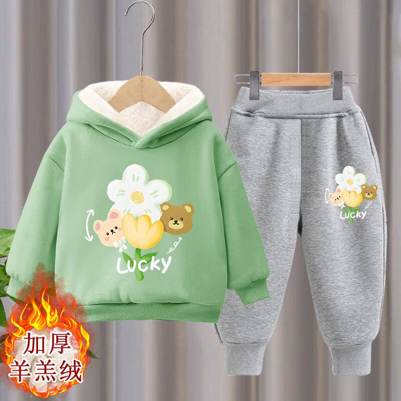 女童加绒卫衣套装秋冬2025新款男女童时髦洋气儿童连帽运动两件套