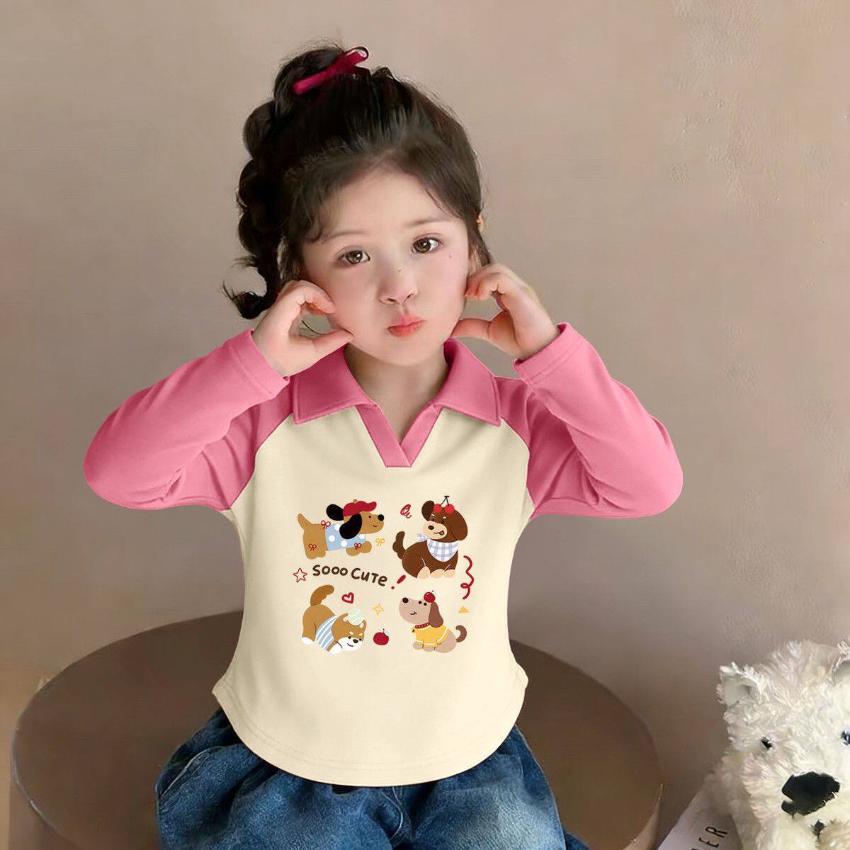 女童长袖T恤2026春季新款儿童卡通休闲春装中大童洋气polo领上衣