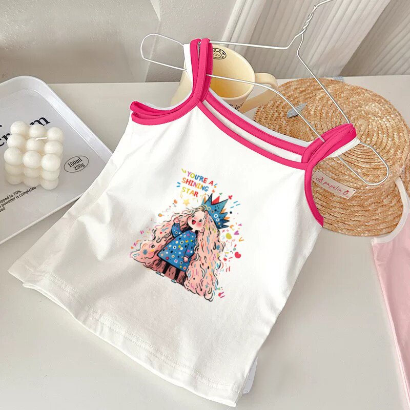 女童吊带背心夏季薄儿童卡通打底内衣宝宝外穿白色无袖衫中大童