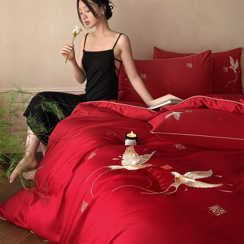 婚庆四件套全棉花鸟双喜刺绣红色