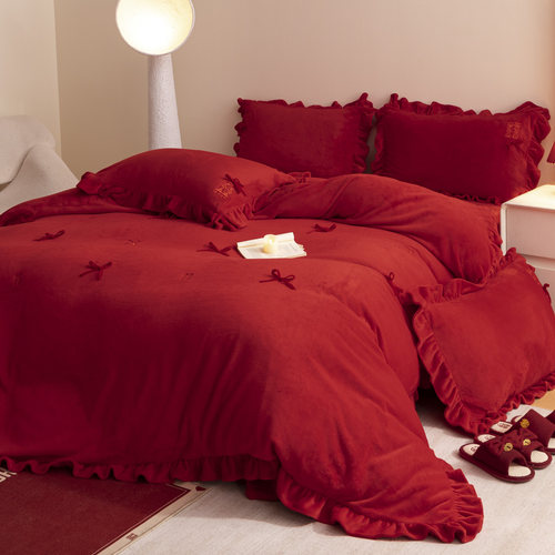 式浪漫结婚牛奶绒床单四件套加厚