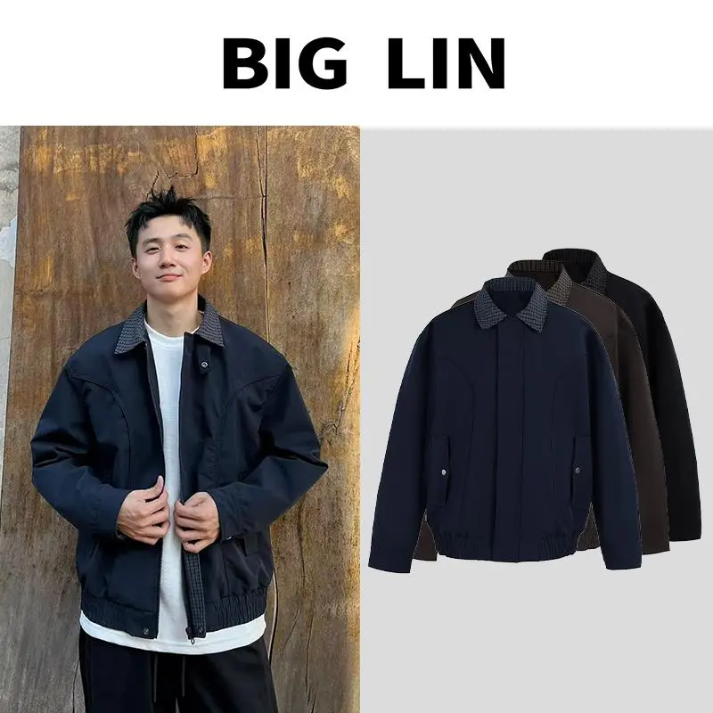 BIG林 美式复古哈灵顿夹克早秋户外防风翻领撞色格子领外套