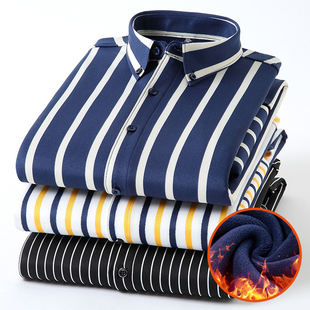 保罗男式 加绒加厚男衬衣 秋冬弹力条纹商务休闲复合一体绒保暖衬衫