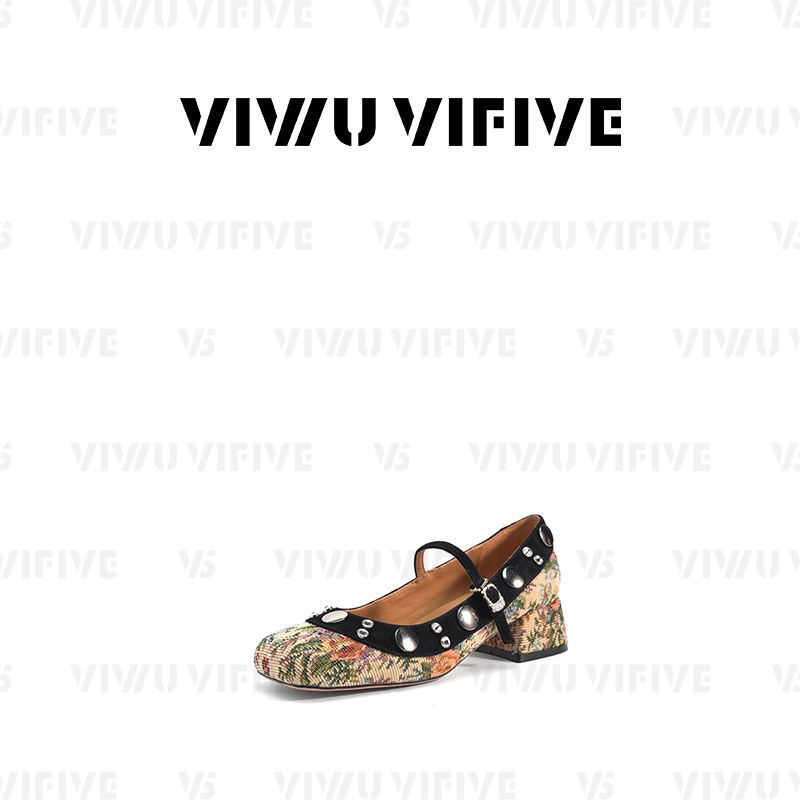V5 VIWU·VIFIVE「花楹」复古刺绣碎花粗跟玛丽珍女单鞋2026新款,女鞋,浅口单鞋,淘宝优惠券,粉丝福利购,淘宝优惠卷