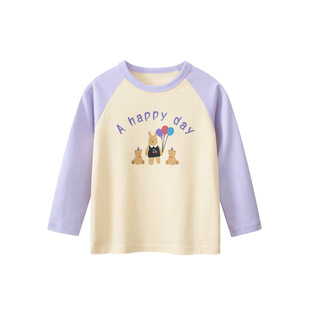 插肩小熊卡通字母打底衫 t恤2025春秋拼袖 女童长袖 27home纯棉童装