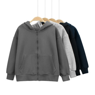 GRrr纯棉大毛圈厚实中大童春装拉链衫男女童连帽纯色外套开衫卫衣