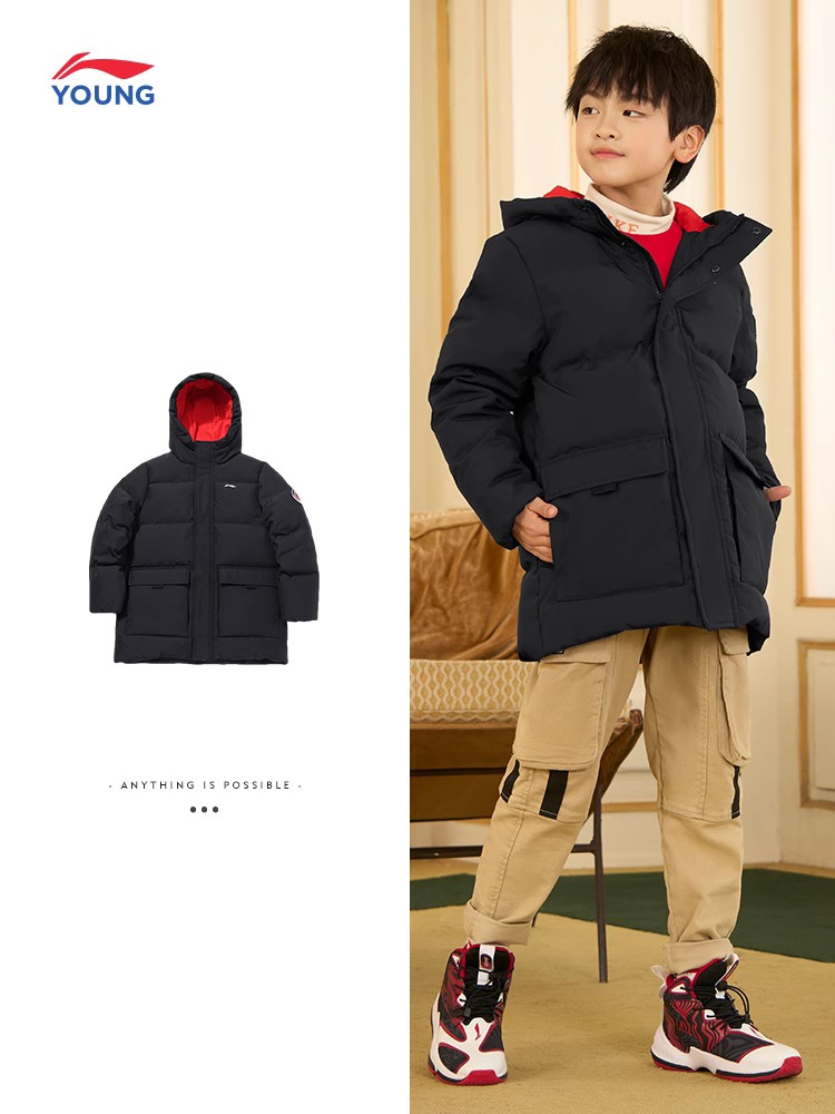 Lining/李宁正品中长款男女小大童连帽白鸭绒运动羽绒服YYMQ349