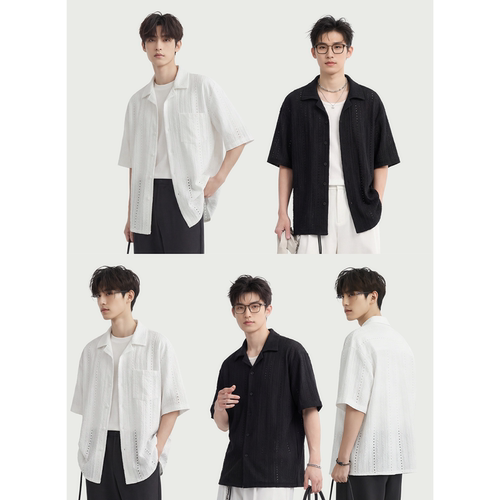 夏季高街潮流镂空短袖衬衫男