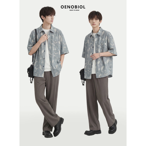 美式复古夏季男士宽松短袖衬衫