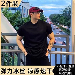 潮牌收袖 美式 口t恤男士 弹力修身 夏季 健身短袖 重磅纯色紧身三分袖