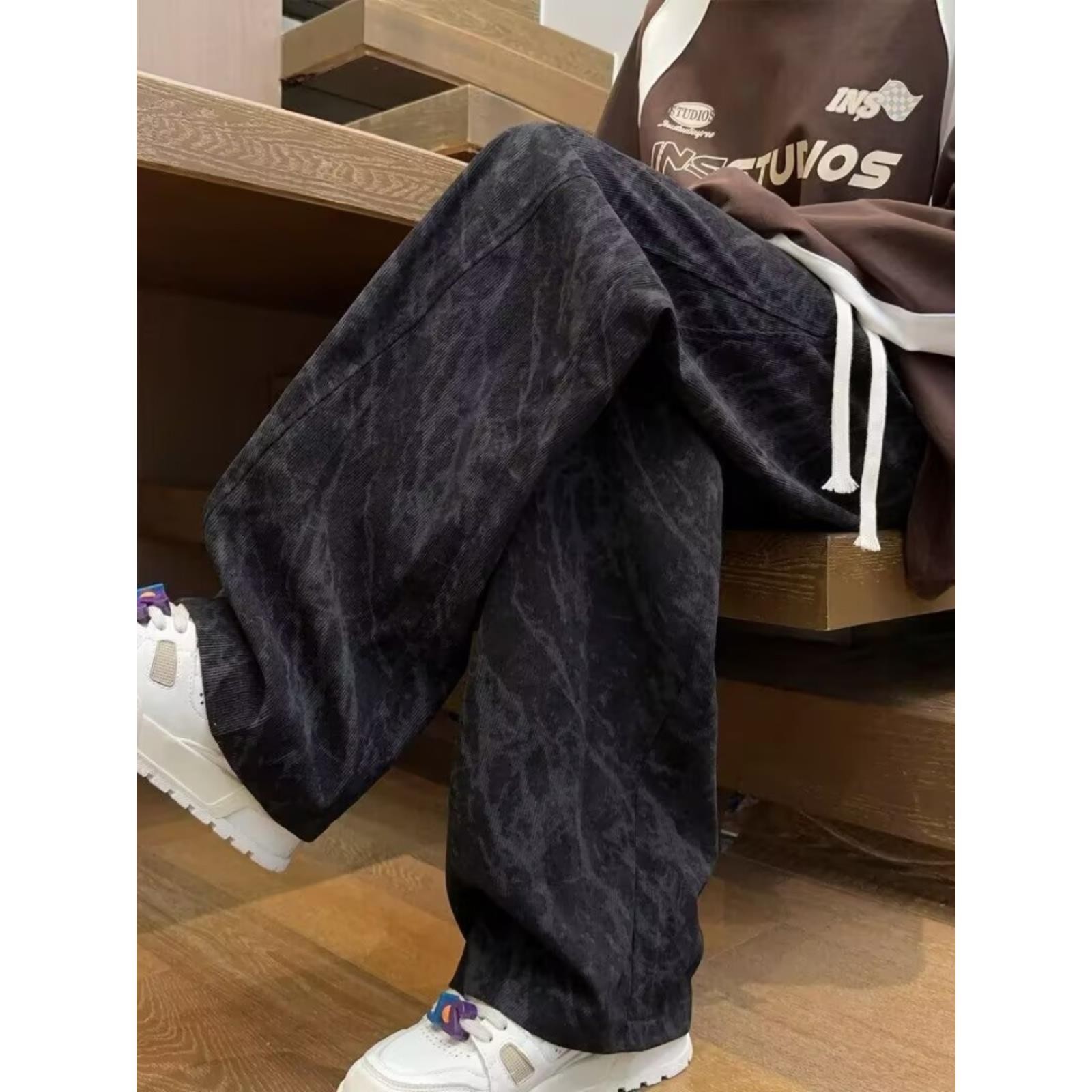 潮牌扎染灯芯绒裤子男款春秋季加绒加厚宽松直筒运动阔腿休闲长裤