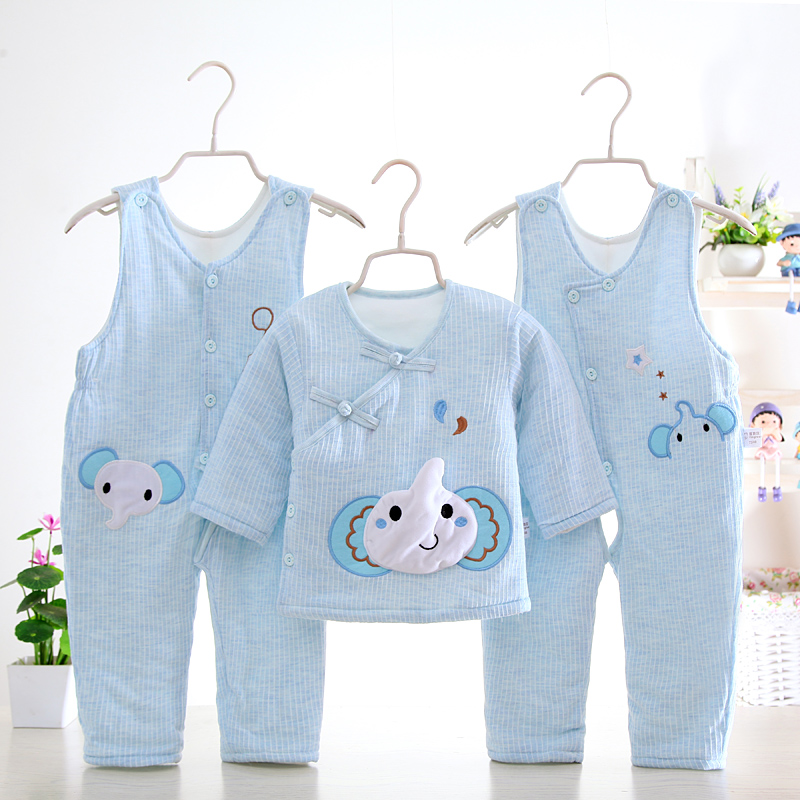 婴儿棉衣春秋套装背带新生儿衣服春季0-1岁宝宝薄棉衣夹棉三件套