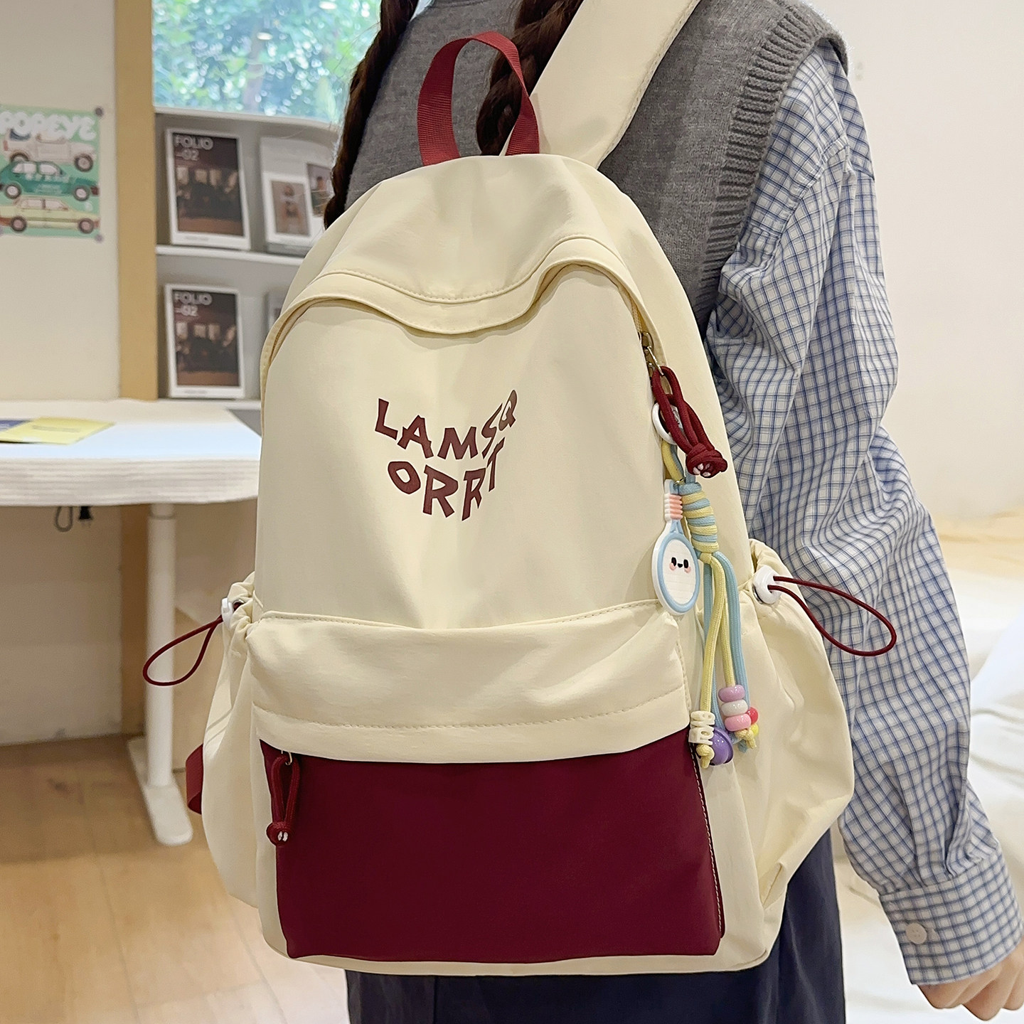 红鹮鸟韩系ins简约撞色双肩包女初高中生高颜值书包大容量轻便