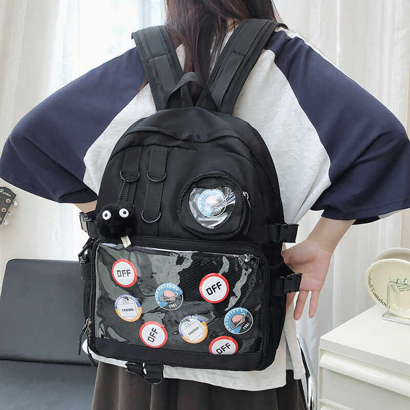 日系简约百搭大容量学生透明双肩背包徽章痛包娃娃包JK可爱书包