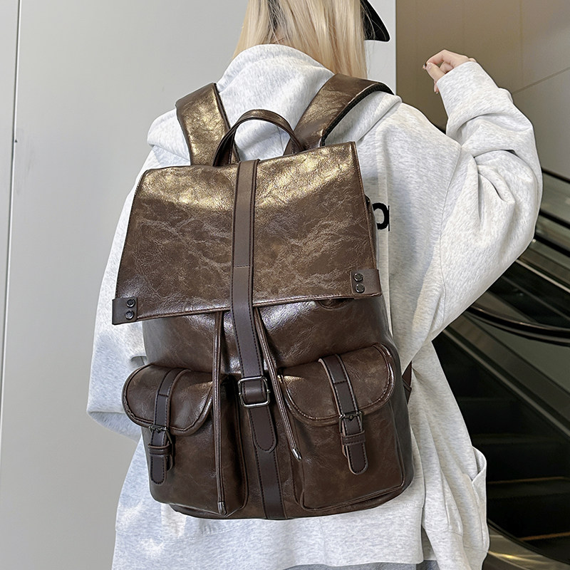 红鹮鸟小众复古褶皱双肩包通勤大学生潮背包高级感电脑包男女书包