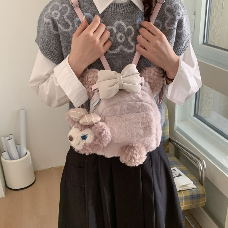 红鹮鸟可爱毛绒包包女2026潮时尚学院风双肩包背包甜美蝴蝶结