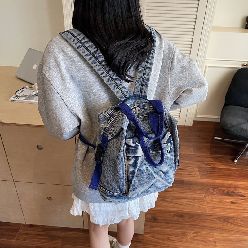 红鹮鸟质感设计百搭大容量牛仔双肩背包学生党上课包包休闲背包潮