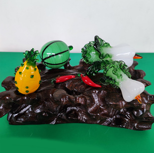 90年非遗传承纯手工艺品水晶琉璃瓜果白菜老料器百财复古招财摆件