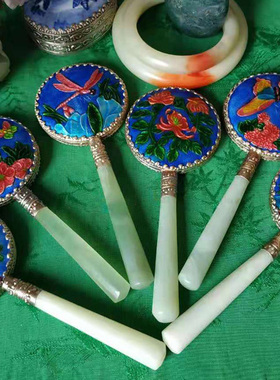 80年代出口创汇期铜鎏银錾刻景泰蓝玉柄手持小镜子老货宫廷复古