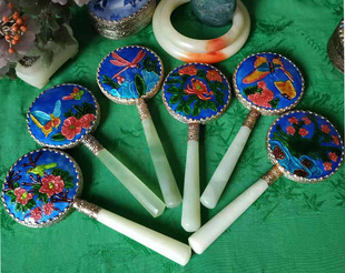 80年代出口创汇期铜鎏银錾刻景泰蓝玉柄手持小镜子老货宫廷复古