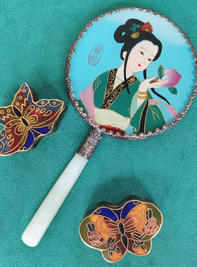 铜胎鎏银宫廷复古玉柄手持小镜子纯手绘美人内画玻璃汉服道具配饰