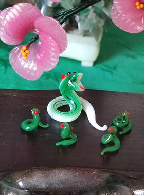 非遗传承纯手工老琉璃料器生肖蛇妈妈带小蛇可爱怀旧蛇年小摆件