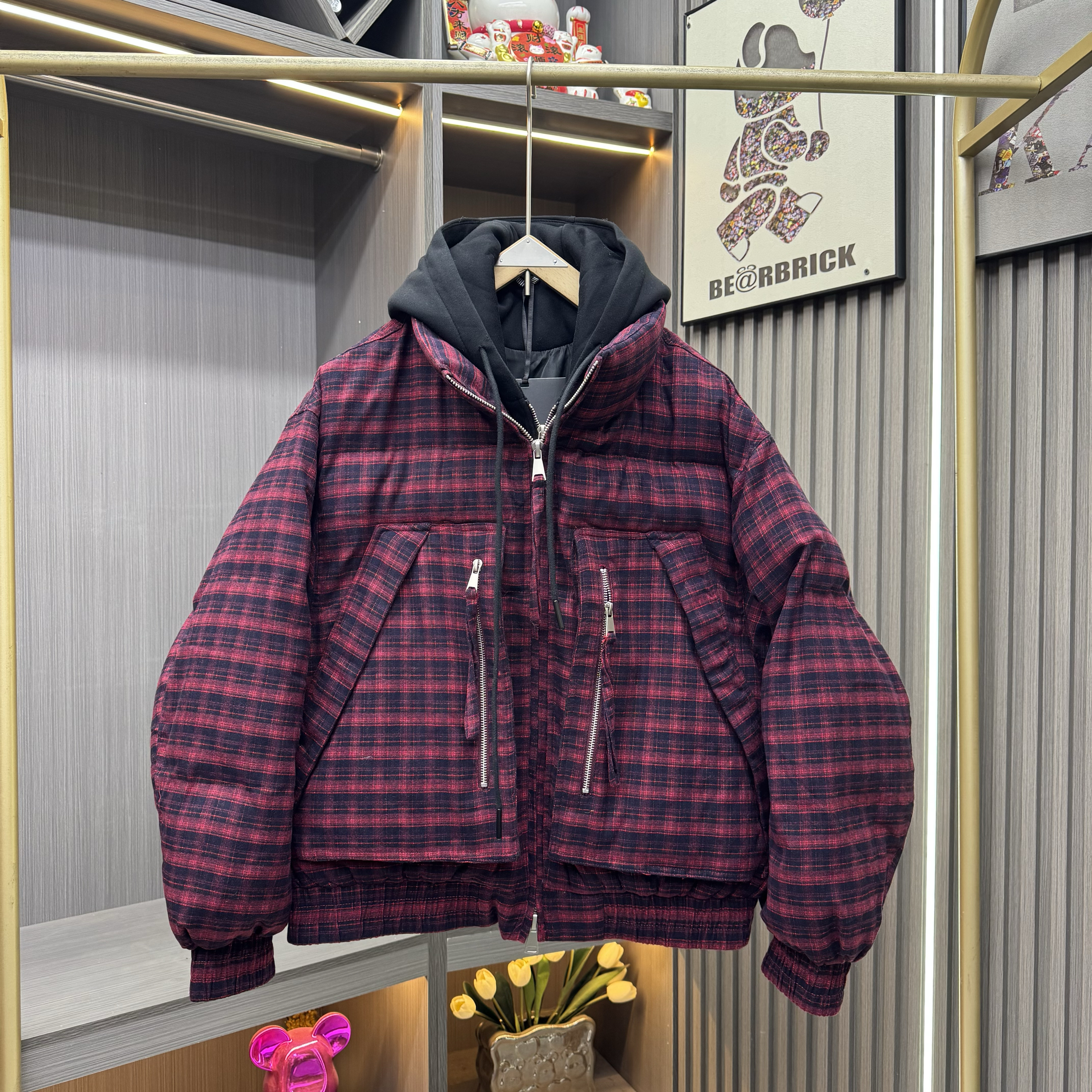 冬季新款潮牌连帽棉服针织帽假两件工装棉衣男士加厚保暖外套上衣