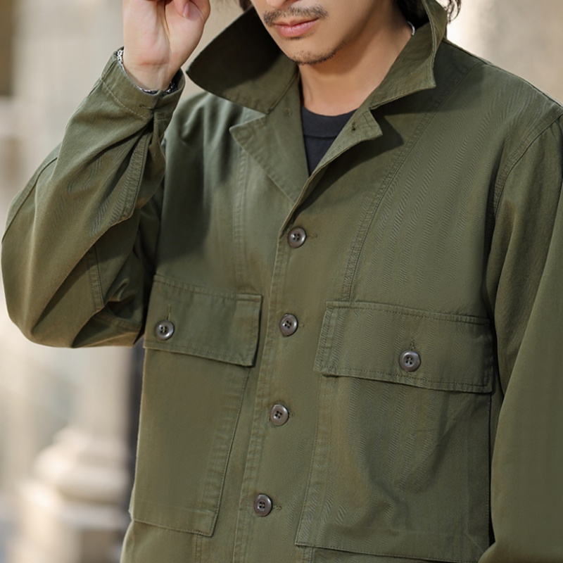 春秋款人字纹HBT机能军绿衬衫野战夹克外套M43古巴领长袖衬衣男