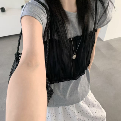 ULOUR/U粒-新泡菜国同款韩系叠穿蕾丝背心+纯色短袖两件套装10086