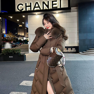 红苹果-瘦长款加厚保暖羽绒服外套(配腰带可拆真狐狸毛毛领)89719