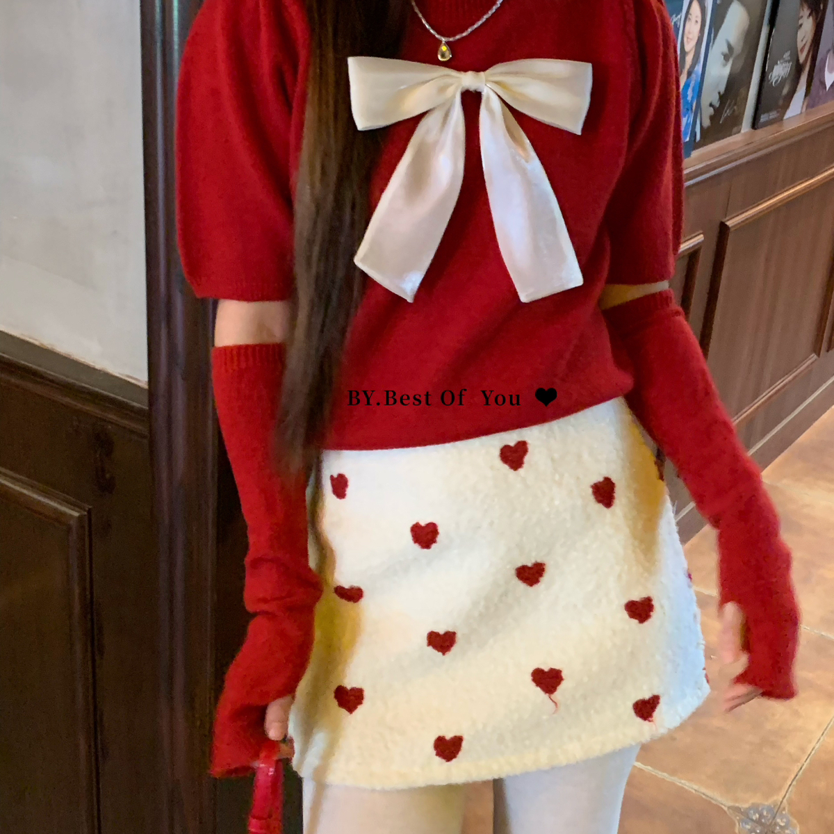 BEST OF YOU-蝴蝶结毛衣红色礼物保暖毛衣(配可拆卸袖套)YS1-9933