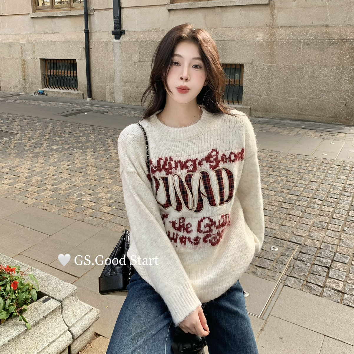 GS.GOOD START-冬季格纹贴布印花休闲宽松保暖毛衣（含8羊毛）G77
