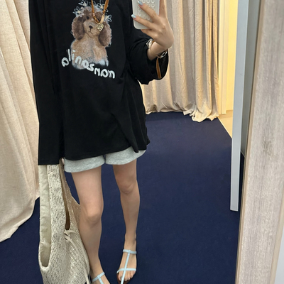 TRUSTME-ins博主调性小狗图案喷印洗水做旧宽松上衣长袖T恤14423#