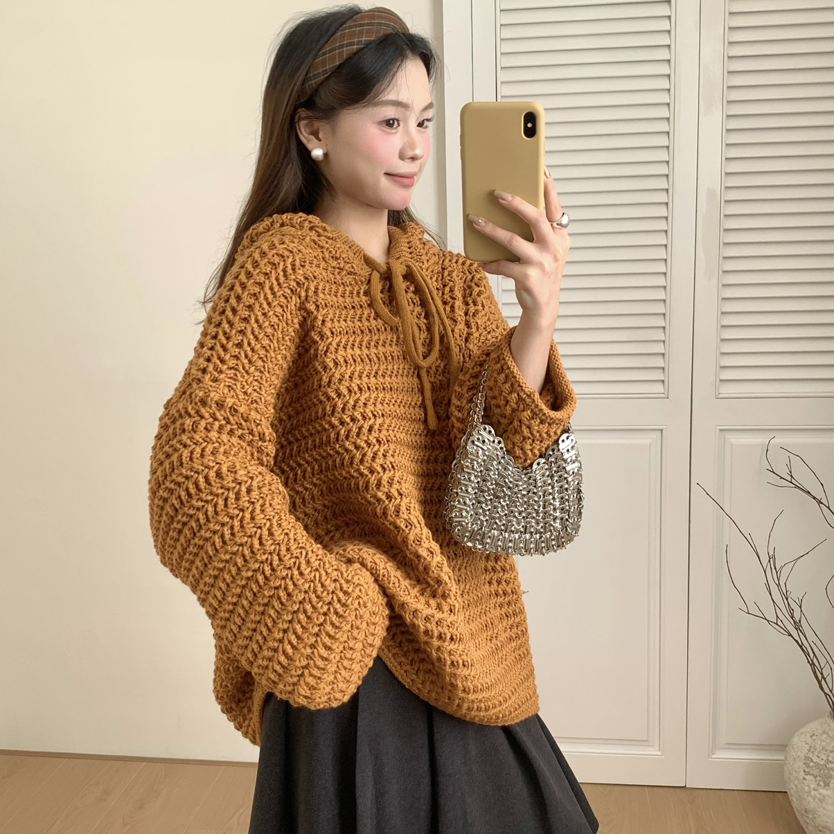 ING-懒风连帽毛衣女秋冬中长款设计感粗线软糯加厚针织毛衣w8901