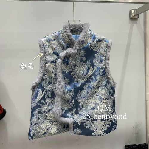 曲沐-兔毛拼接夹棉加厚背心外穿国风冬马甲(桑蚕丝兔毛)HYwx9976