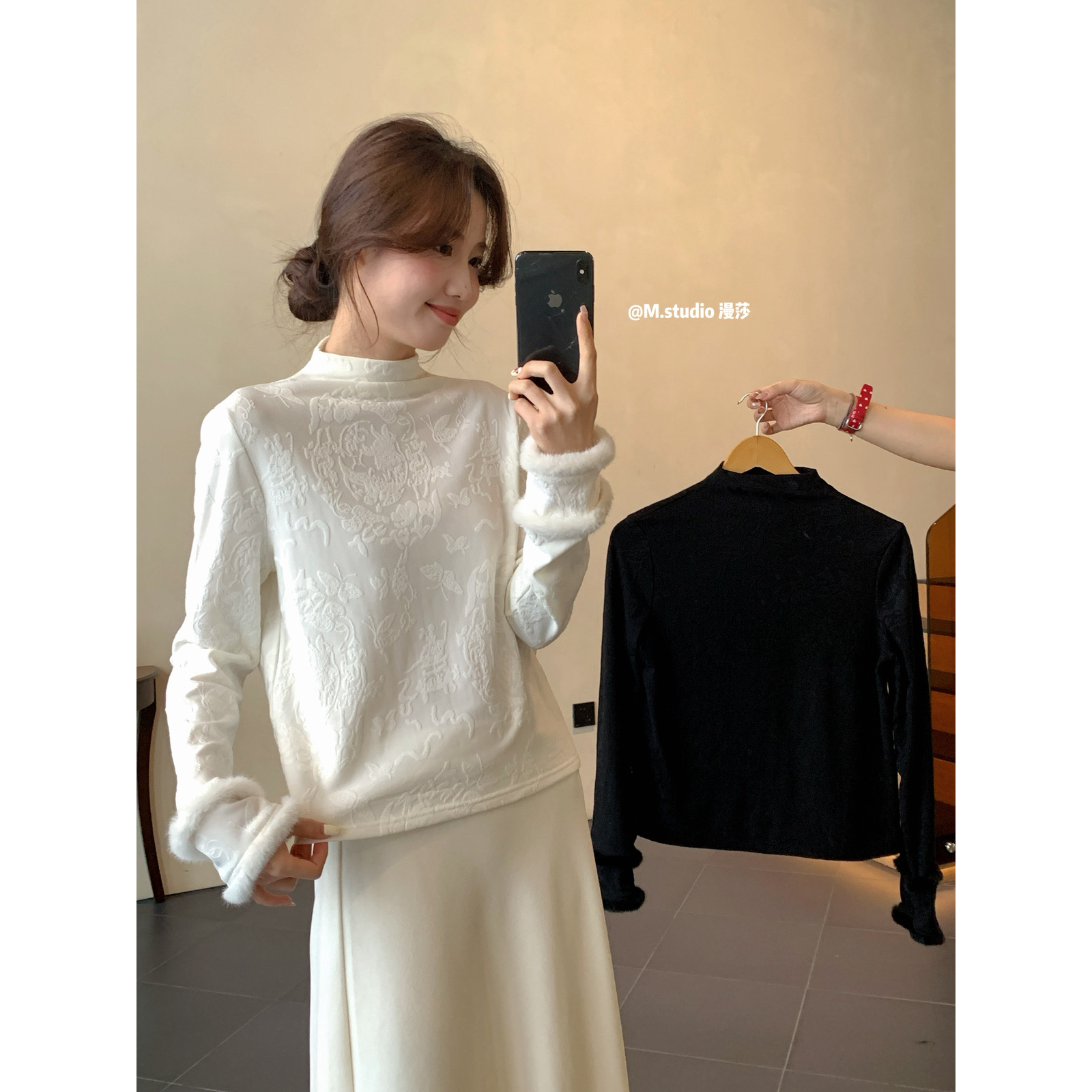 MSTUDIO漫莎-月下高级感新中式万能百搭弹力磨毛绣花拼毛毛打8032