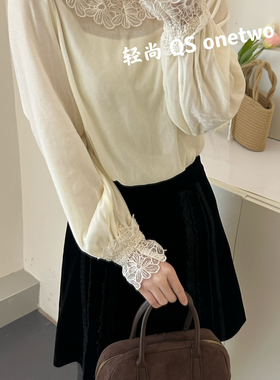 QS ONETWO-柔风重工拼接设计感韩系丝绒小衫(尺寸仅供参考)15355